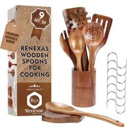 Wooden Spoons for Cooking Utensils Set - 9 Pcs Natural Teak Wooden Kitchen Utensils Set - Non-Stick Cooking Wooden Spoon with Holder, Wooden Spatula, 