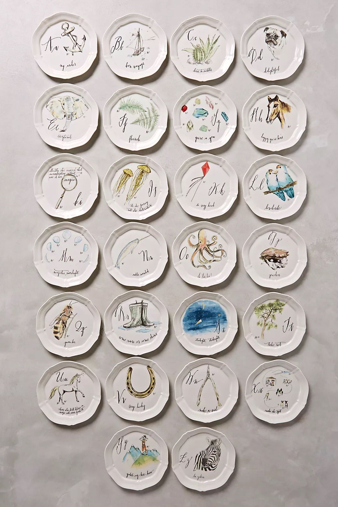 ANTHROPOLOGIE 7 Calligraphy Monogram Canapé Plates by Linea Carta (B/G/M/N/S/U/U)