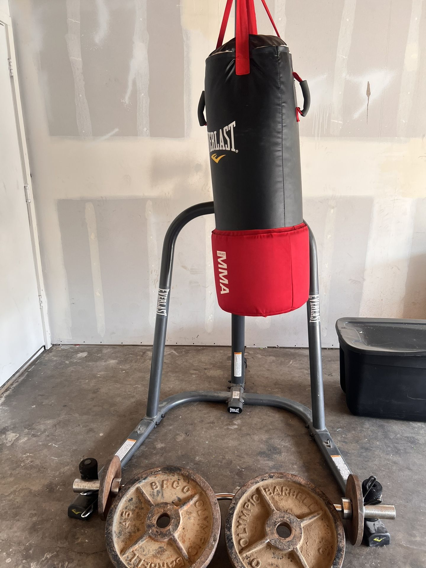 New Bag And Stand Curl Bar And 45s Weights