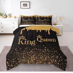 King and Queen Comforter Set Black and Gold Bedding Set King Size for Adults Men Women Couple Kids,Romantic Love Sequins Diamond Comforter Valentine's