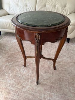 Vintage Louis XV Style Round Side Table with Solid Wood, Heavy Green Marble Top, and Ornate Bronze Ormolu Mounts