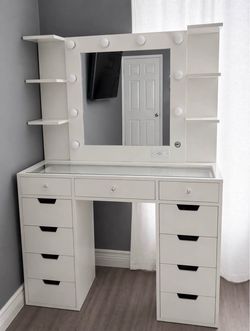 Vanity Desk with Lights & Glass Top