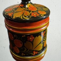 Vintage Khokhloma Wooden Jar Pot Cannister with Lid Russian Handicraft Red Black