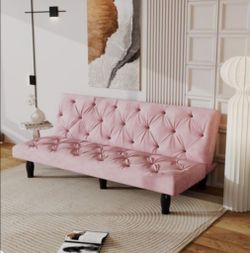 BRAND NEW 
Leumius Velvet 66” x 31” x 27” Futon Wooden Legs Convertible and Reclining Upholstered Sofa, Pink