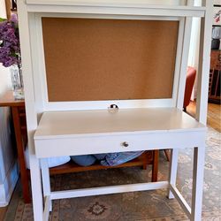 PB Kids white wood desk with cork board - well loved