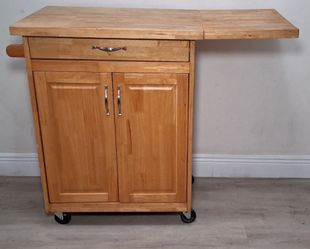 Rolling  Drop Leaf Kitchen Island cart w/ top Drawer, Rack  & Storage Cabinet.