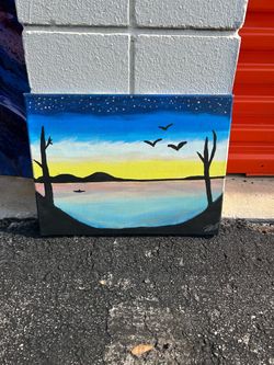 Original Hand-Painted Sunset Lake Canvas Wall Art – 12x12– Coastal Landscape