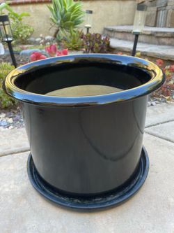 14”W x 11”H Black Ceramic Planter with Attached Saucer