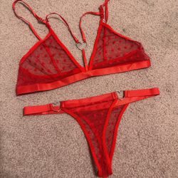 New small red sheer heart mesh bra panty lingerie set gothic festival outfit