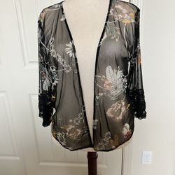Maurices Black Floral Sheer Kimono - XL