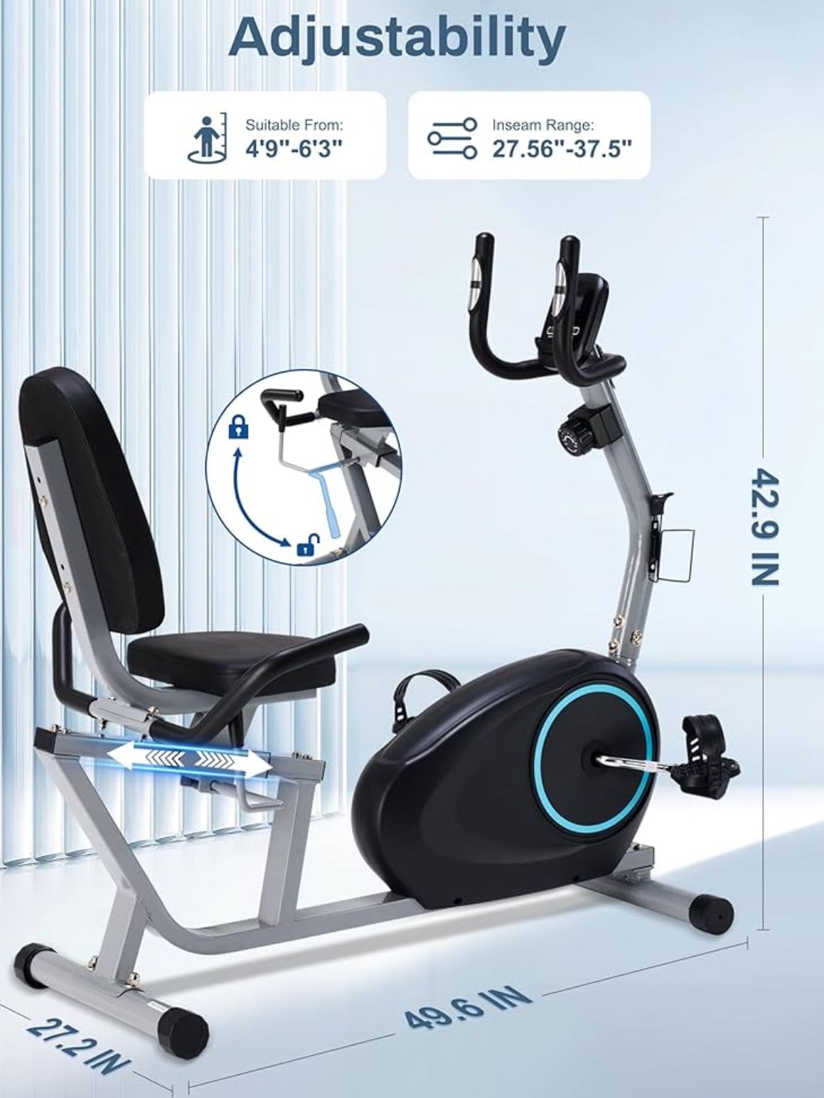 ✨Brand New✨ Recumbent Exercise Bike – Easy Adjust Seat, Quiet Magnetic System with 16 Resistance Levels, 400 lb Capacity, Backlit Display & Pulse Grip
