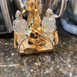 Gold Tole Salt & Pepper Caddy With Crystal Shakers 