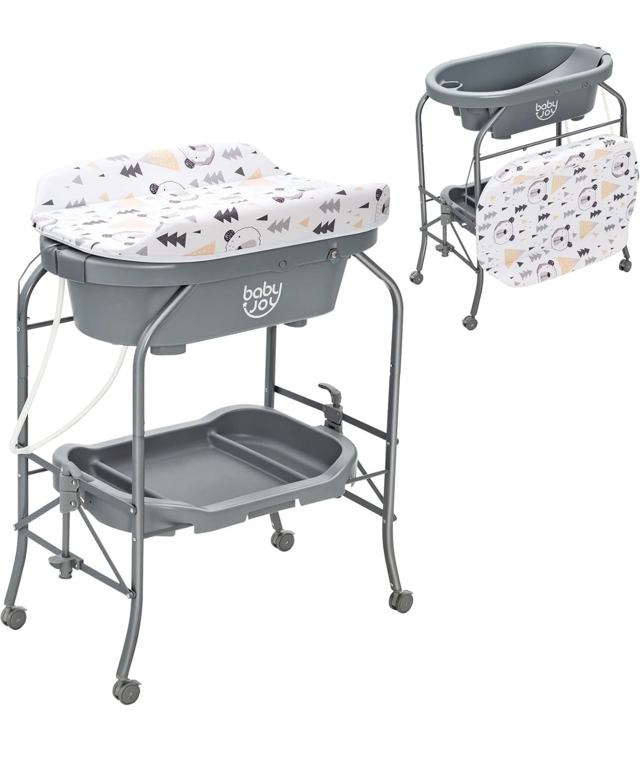 BABY JOY Baby Bathtub with Changing Table, Foldable Infant Diaper Changing Station with Storage Tray, Waterproof Pad, Portable Newborn Nursery Organiz