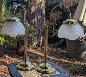 1980s Vintage Brass Table Lamp with Frosted/Etched Glass Shade ($150/1) ($225/2)