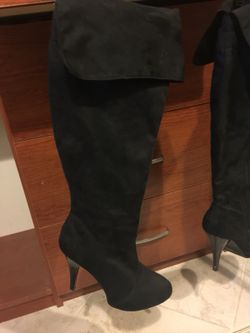 Sexy black Suede Leather knee high platform boots size 9