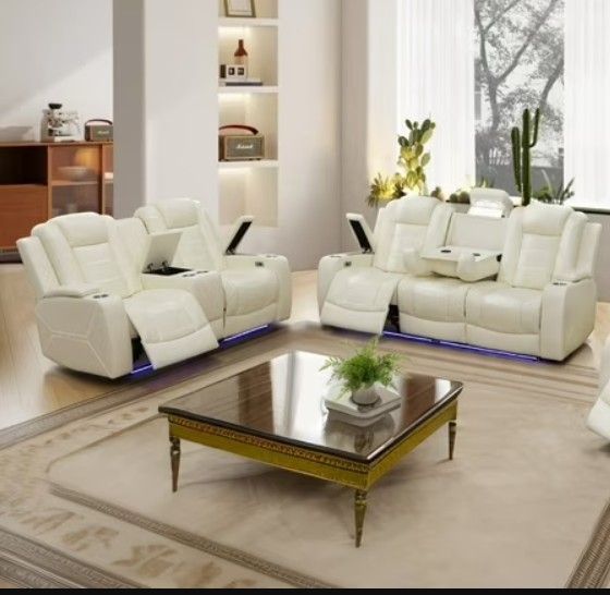 NEW💥Creamy White Power Recliner Sofa Set with Storage Console/Cup Holders/USB Ports💥