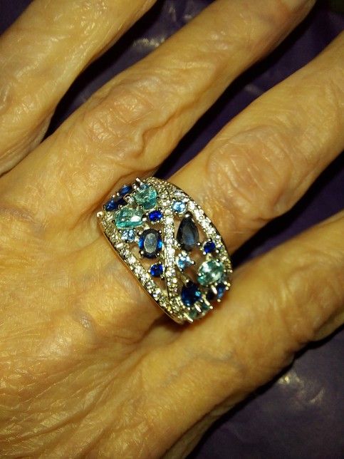 Gorgeous Ring: Sapphires & White Zircons In This Solid Sterling Silver Ring. It Is Stamped 925. Size 6. Never Worn/New In Box.
