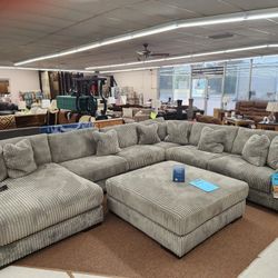 Lindyn Fog Gray Corduroy Fabric Modular Sectional Couch W Chaise & Oversized Ottoman 🔥 Ivory, Black, Brown, Color Options 