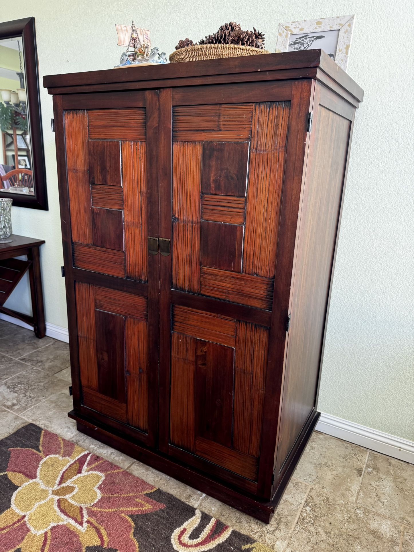 Pier 1 Red Brown Wooden Entertainment Cabinet with Magnetic Doors