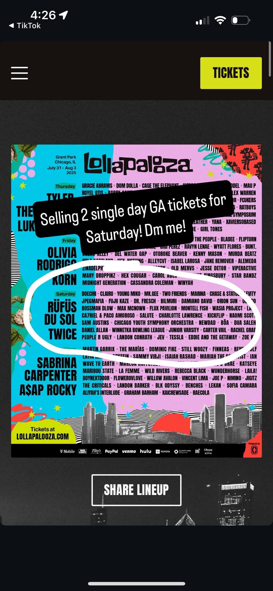 Lallapalooza Saturday GA Ticket X2