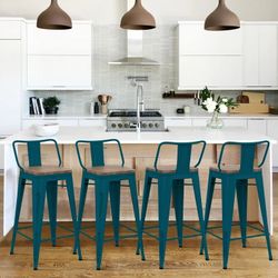 Andeworld Bar Stools Set of 4 Counter Height Stools Industrial Metal Barstools with Wooden Seats( 26 Inch,Teal)
