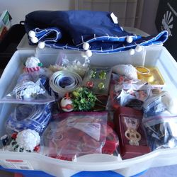 Storage Case Full Of Miscellaneous Christmas Tree Decorations & Tree Skirt 