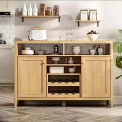 Wine Bar Cabinet with 2 Doors, Farmhouse Sideboard Buffet Storage Cabinet, Liquor Cabinet Bar for Home, Dining Living Room, Natural Oak