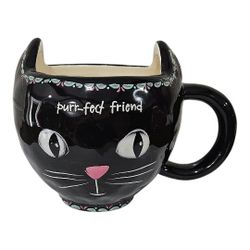 Folk Art Kitty Cat Coffee Mug in Black Ceramic Glass PURR-FECT FRIEND Gift by Natural Life