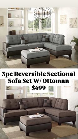 3pc Reversible Sectional Sofa Set W/ Ottoman