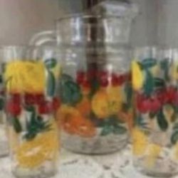 50s swanky swigs vintage kitchen glass pitcher & 5 glasses. Bright colors, MCM