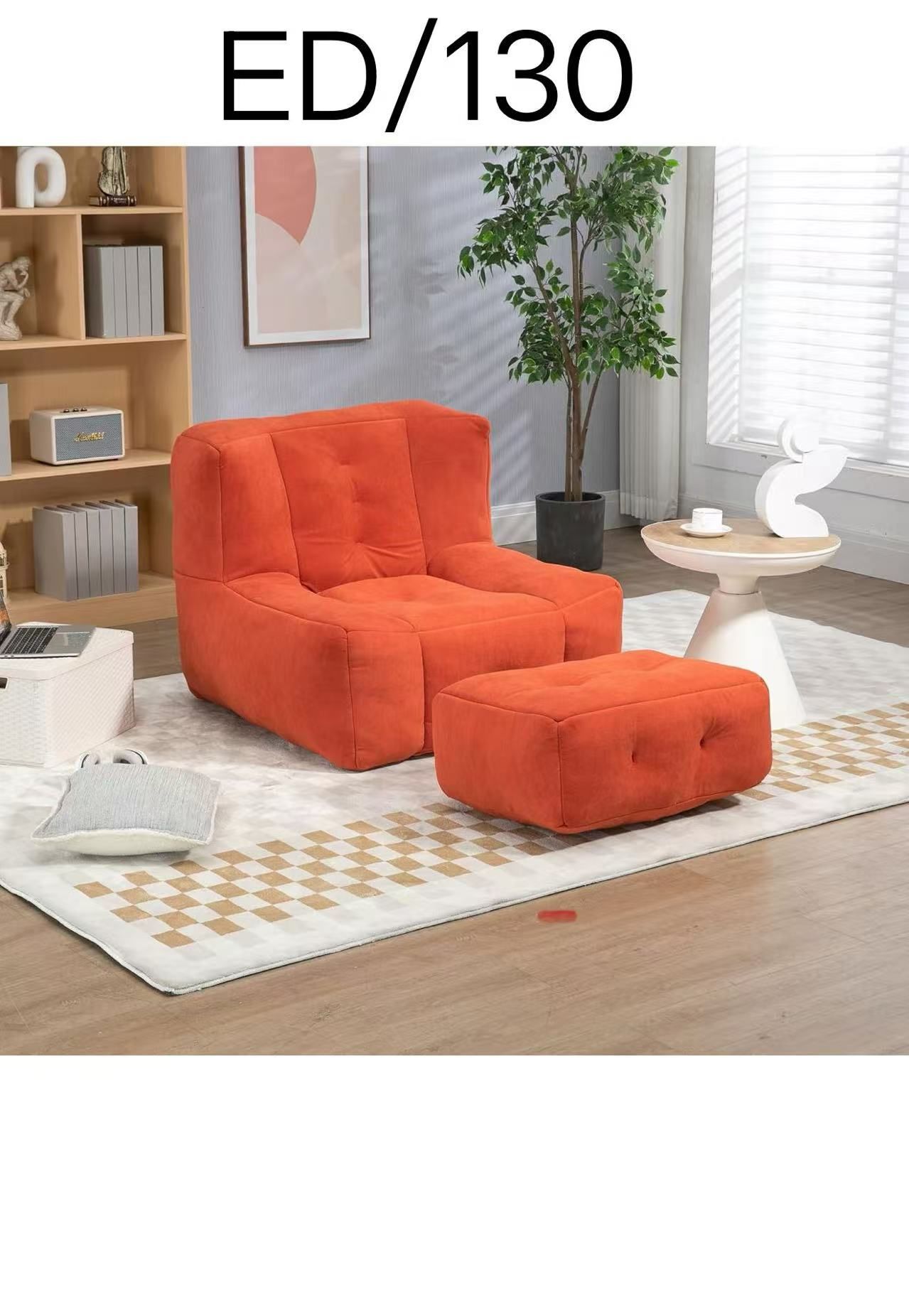 Modern Oversized Fluffy Bean Bag Chair with Ottoman, Ergonomic Design, Orange Boucle Material, Depth: 36.6 inches, Width: 37 inches, Height: 24 inches