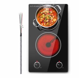 2 Burner Electric Cooktop,12 inch Built-in 3000W and 9 Power Levels Glass Ceramic Stove Top,Electric Stove with Knob Control,Hardwired 240V for Kitche