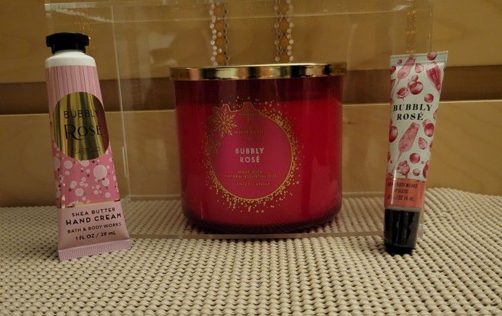 Bubbly Rosè Candle, Lip Gloss & Hand Cream By Bath & Body Works 