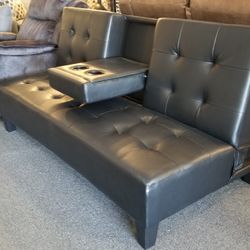 Brand New Black Faux Leather Sofa Futon With Cup Holder (79"x44")