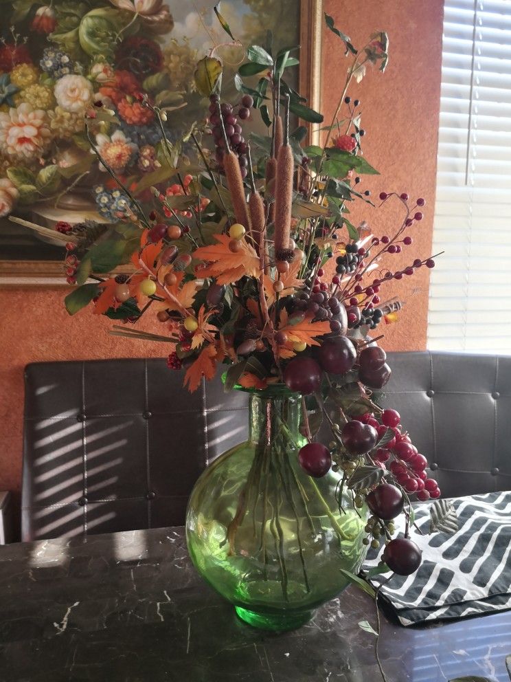 Artificial flowers amd fruits with vase