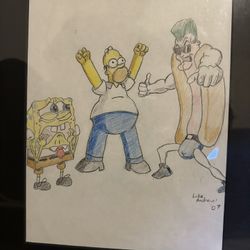 Framed Original Cartoon Crossover Drawing – Spongebob, Homer Simpson & Hotdog man (Signed by Artist)