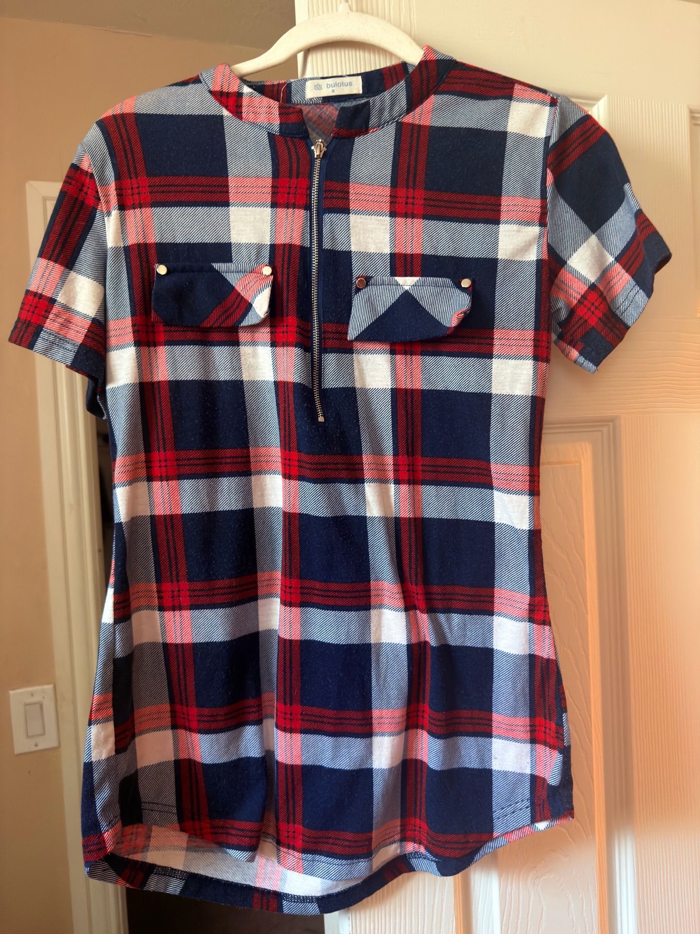 Bulotus Short Sleeve Plaid Zip-Up Blouse - Size Small