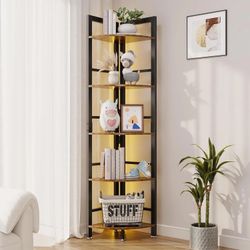 SELOOYE Corner Shelf Stand, 5-Tier Corner Shelf with LED Light, 70 Inch Tall Display Shelf for Living Room, Bedroom, Bookshelf, Industrial Shelf with