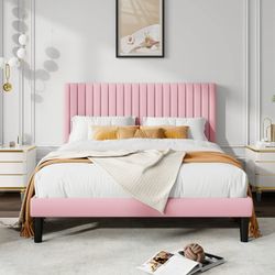 Full Size Velvet Upholstered Platform Bed Frame with Adjustable Vertical Channel Tufted Headboard, Pink