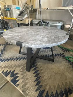Modern Round Coffee Table – Gray Faux Stone Top & Black Metal Base