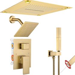 Shower System Brushed Gold Four Modes Shower Faucet with 2 in 1 Handheld,Ceiling Mount 16 Inch LED Shower Head(Rain and Waterfall)+6 Inch Shower Head(