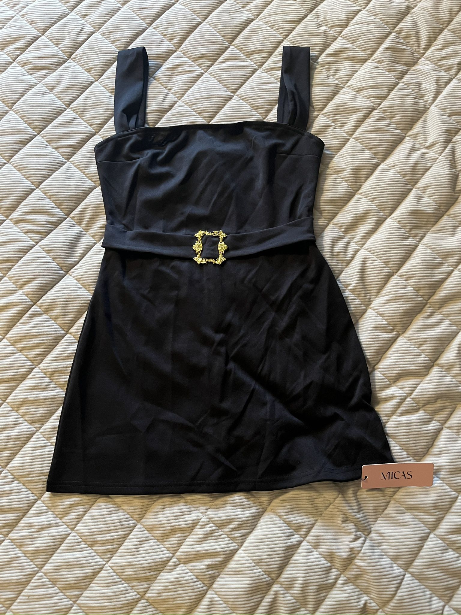 Black Satin Mini Dress with Gold Buckle (MICAS)