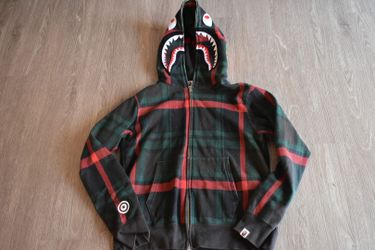 AUTHENTIC A BATHING APE BAPE CHECK SHARK FULL ZIP HOODIE GREEN, MEDIUM, (Used)