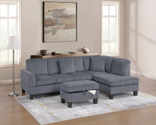 Brand new dark gray or biege corduroy RAF sectional + storage ottoman
