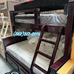 Twin Full Cherry Bunk Bed With Mattresses Colchones Trundle Nuevo 