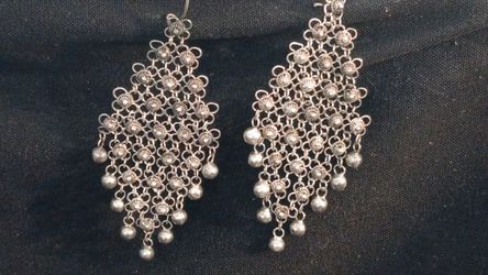 Large dangle antique Victorian chandelier dangle cannetille filligree siscillian earrings in sterling silver.