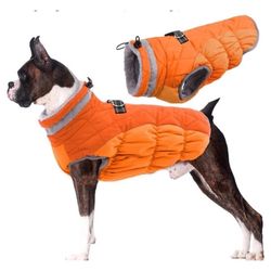 Lelepet Windproof Waterproof Reflective Winter Dog Coat With Harness Orange (L)