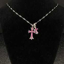 Chrome Hearts Pink Studded Double Floral Cross Stack Pendants Necklace 