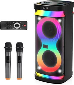DFTRT Karaoke Machine w/ 2 Wireless Mics, Bluetooth Party Speaker & Disco Lights