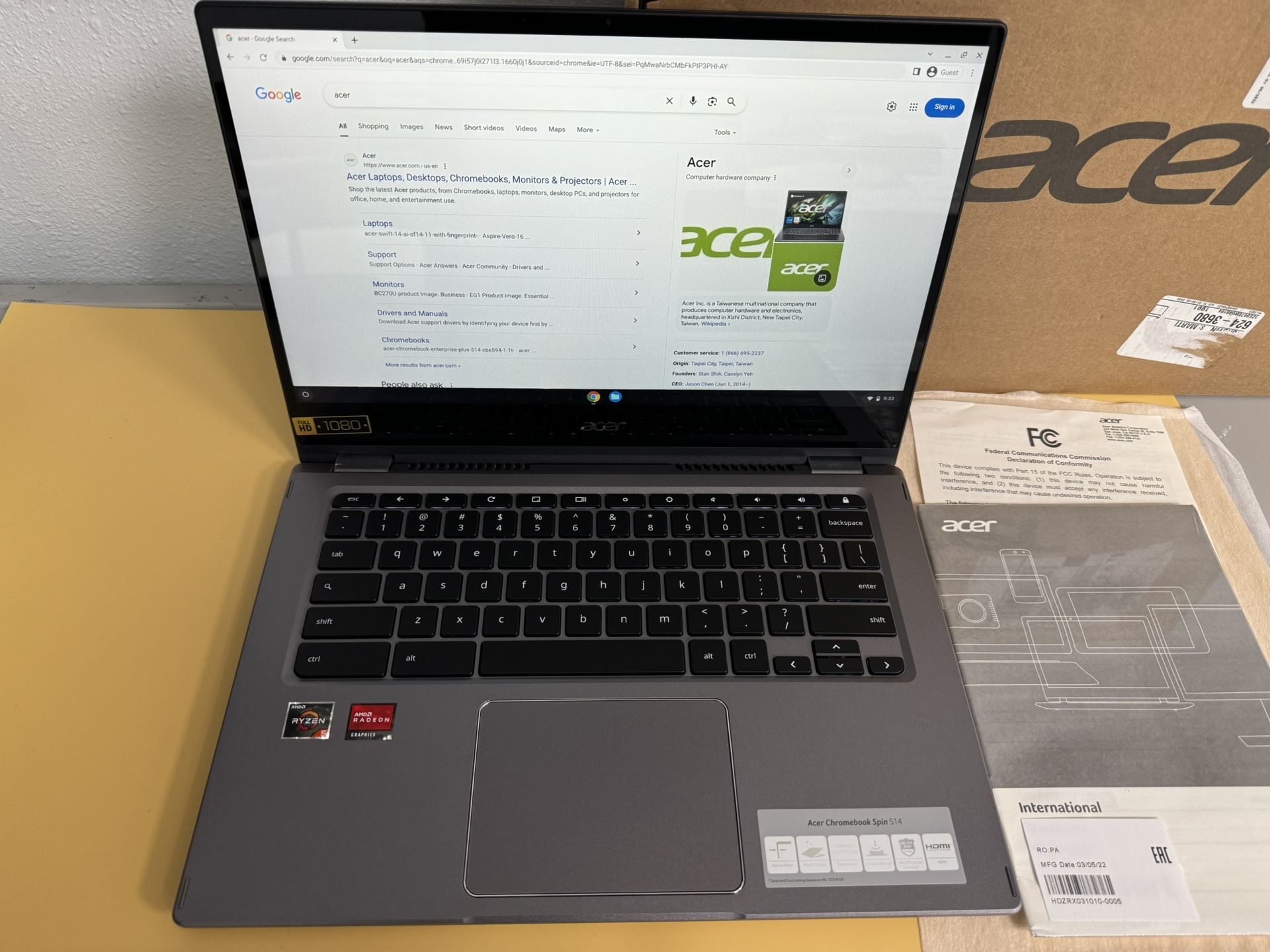 Acer Chromebook Spin 514 14.0” FHD IPS Touch Display Laptop -AMD Ryzen 5 8GB RAM SSD 128GB Silver - (Open Box Condition)